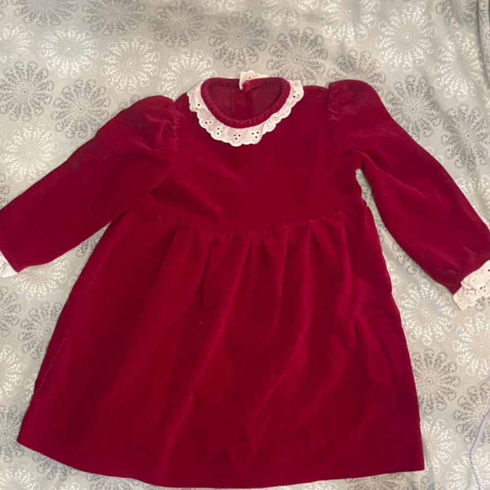 1980s Baby Handmade Red Velvet Christmas Dress with Eyelet Detail
